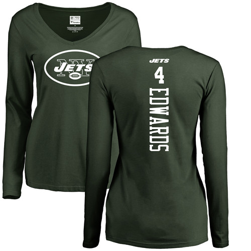 New York Jets Green Women Lac Edwards Backer NFL Football #4 Long Sleeve T Shirt